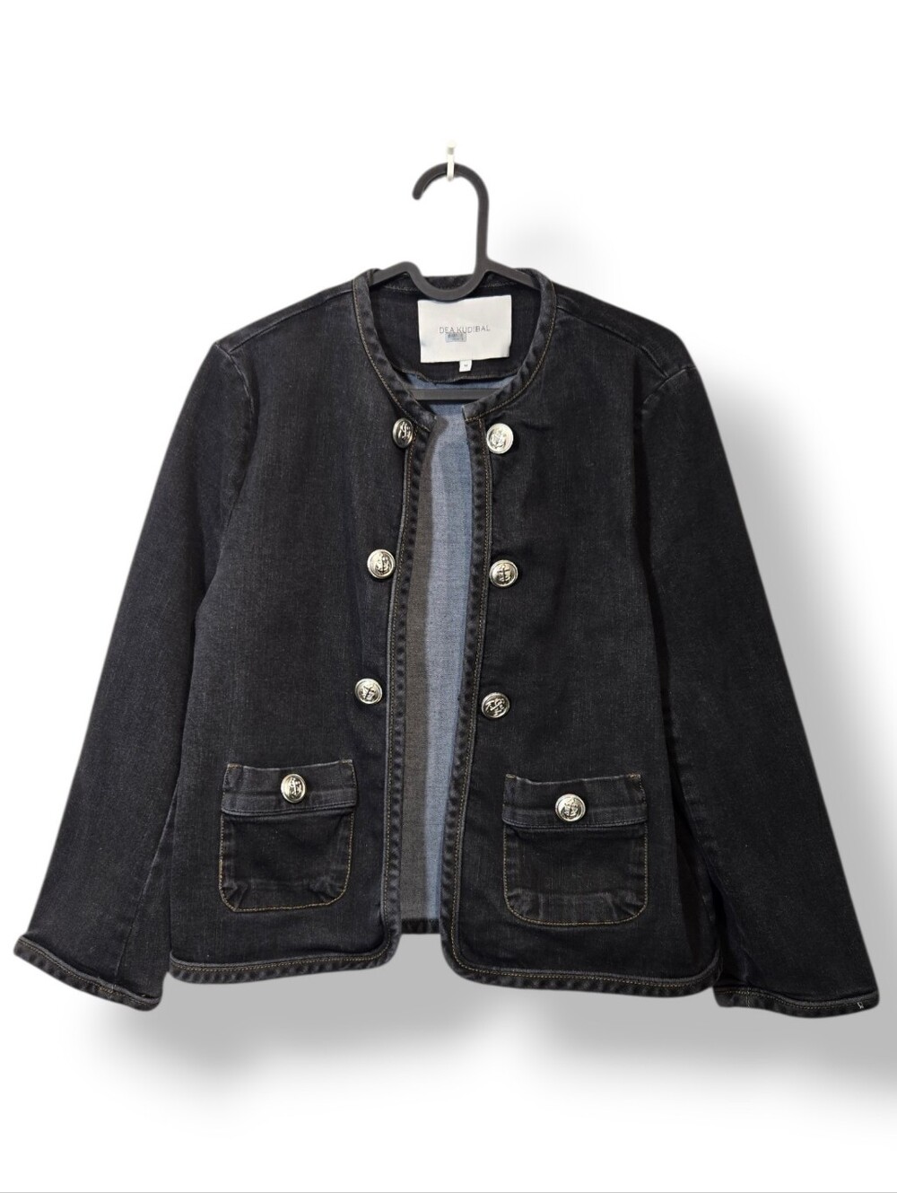 Dea Kudibal Charcoal Denim Dressy Jacket size M Repaired Silver Military Buttons